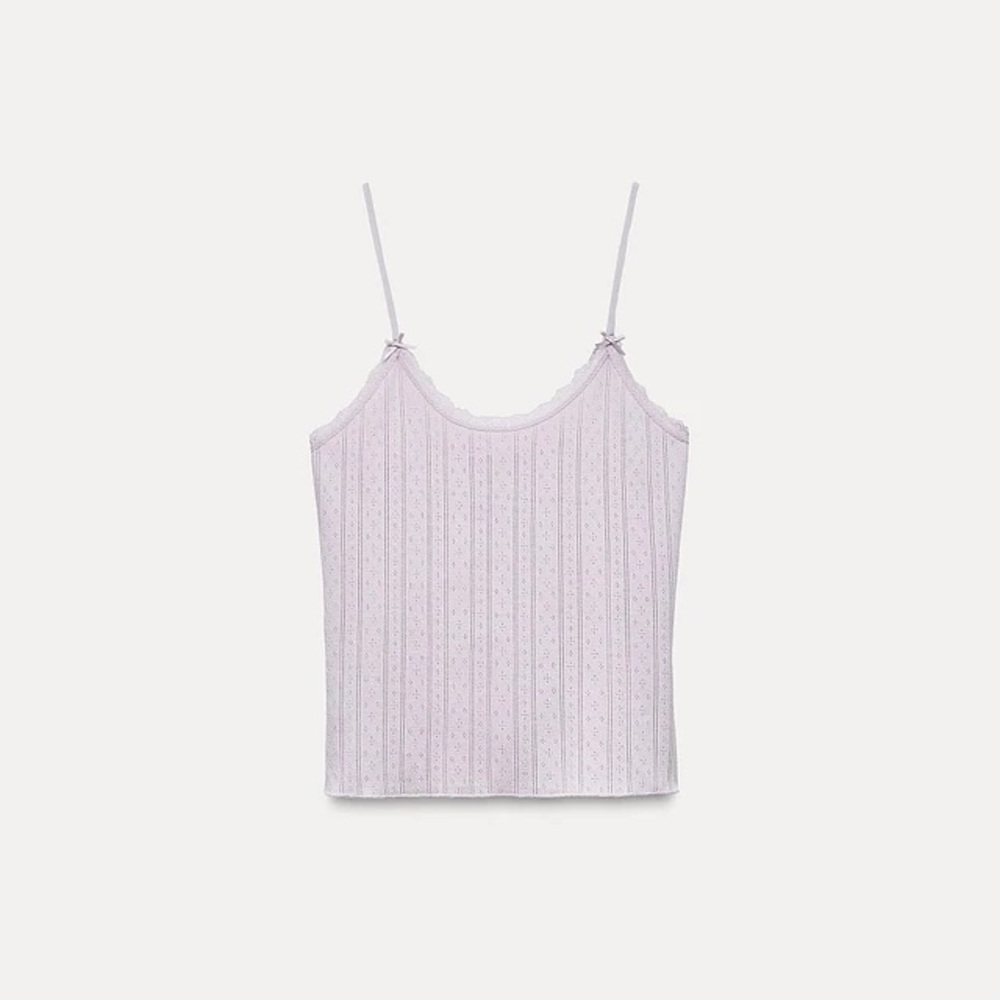Zara Lace Trim Pointelle Top L - Picture 2 of 7